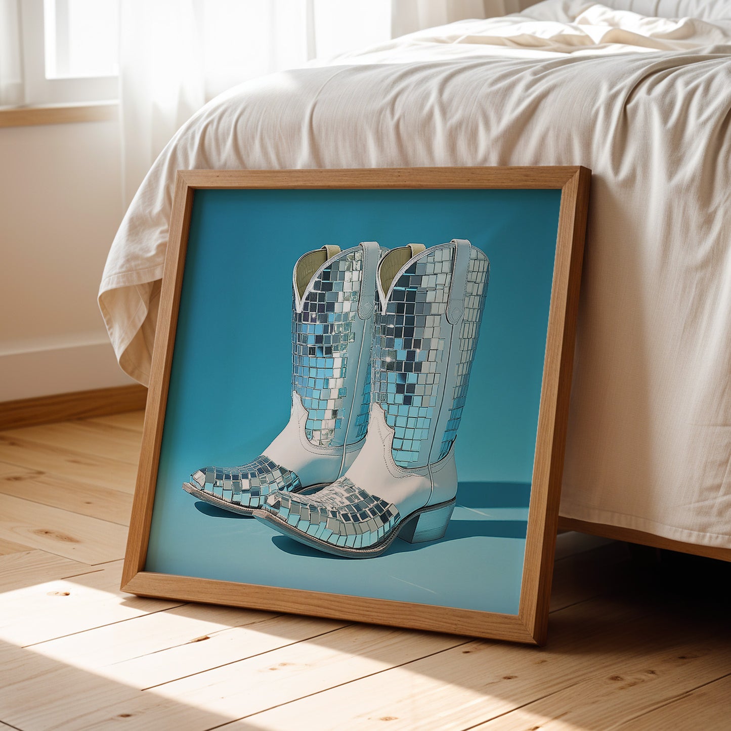 Disco Ball White Cowboy Boot Print