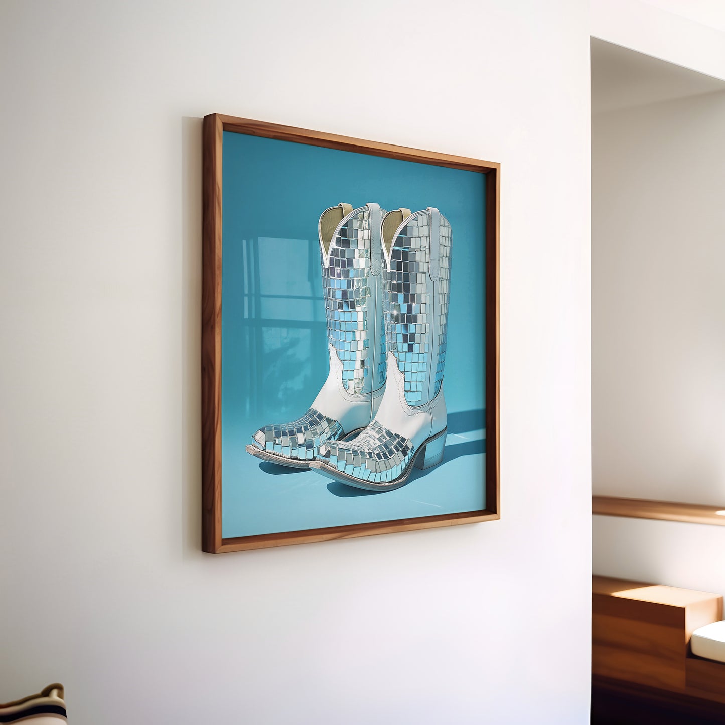 Disco Ball White Cowboy Boot Print