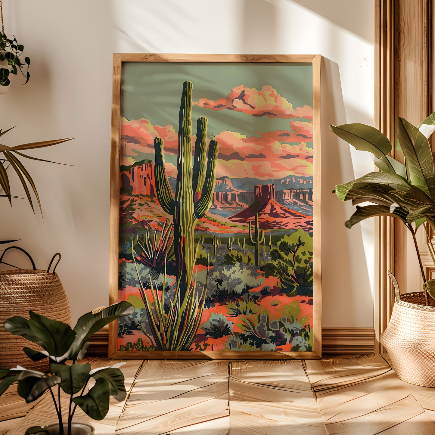 Vintage Paint By Numbers Style Saguaro Desert Art Print