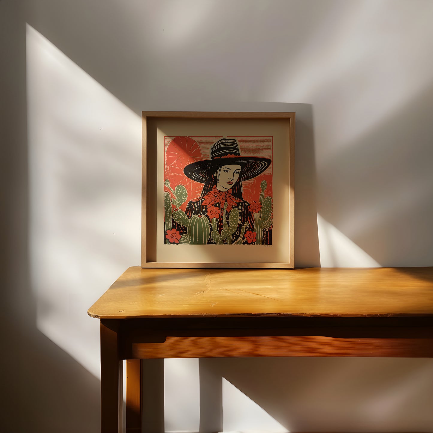 Desert Cowgirl Black Flat Brim Hat Linocut Style Art Print