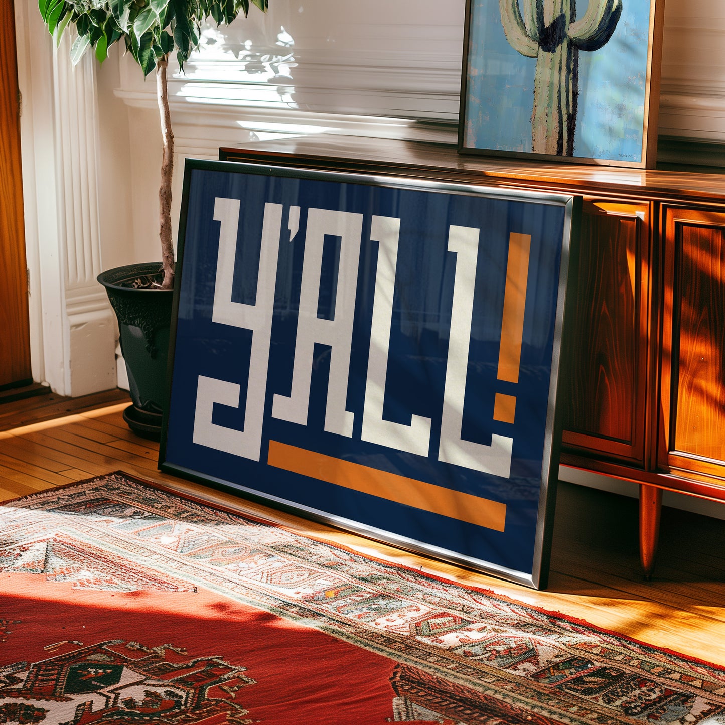 Y'all Typography Navy and Orange Wall Art Print Poster Decor