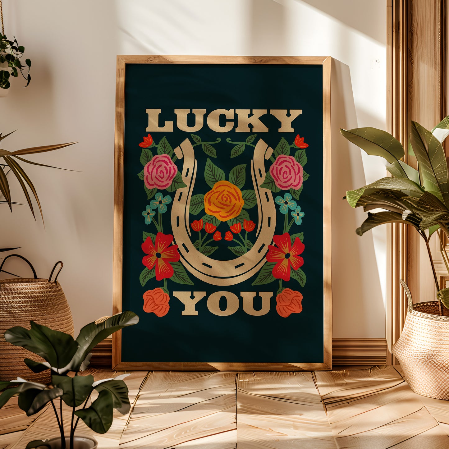 Lucky You Floral Horseshoe Art Print - Navy