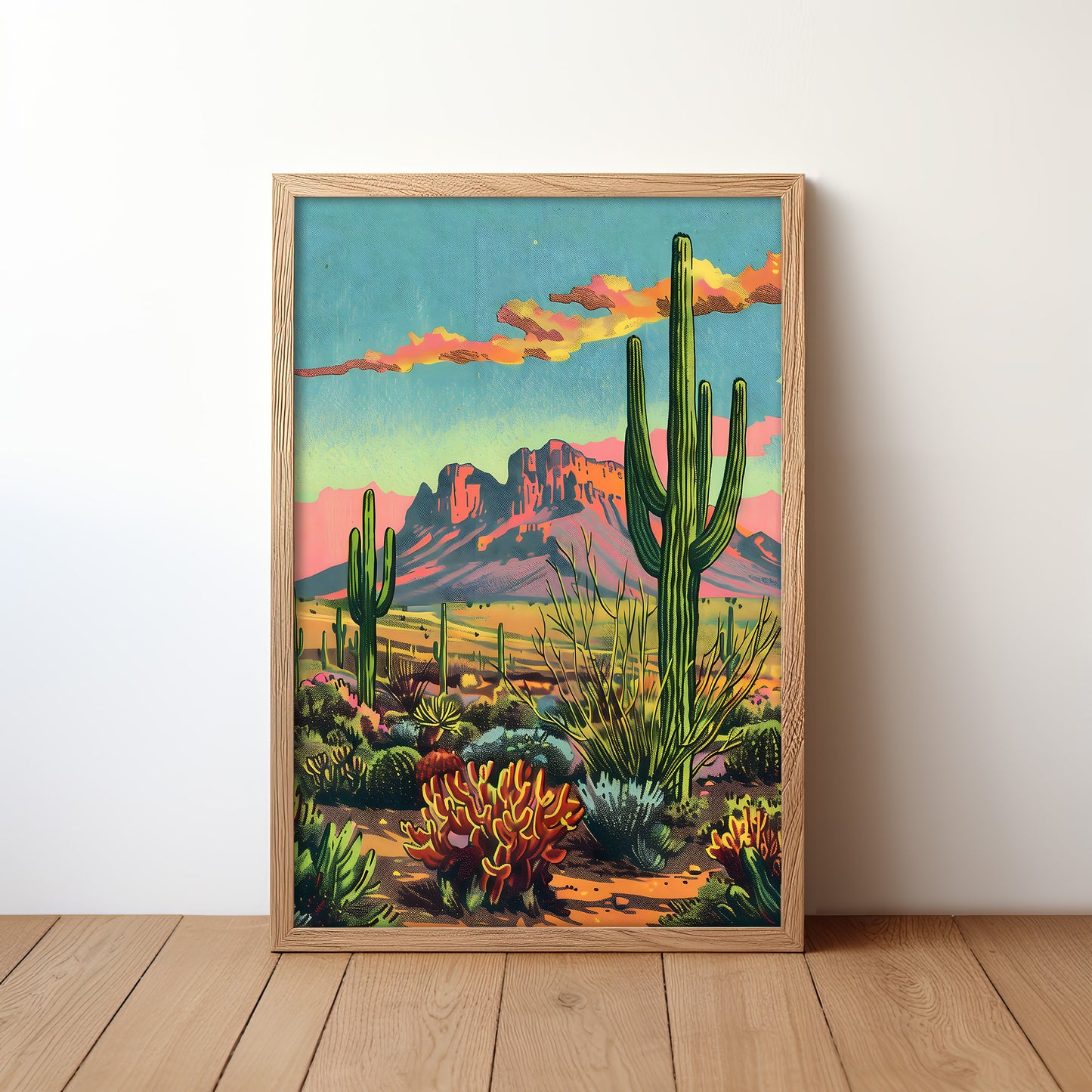 Vintage Postcard Style Desert Landscape Saguaro Art Print