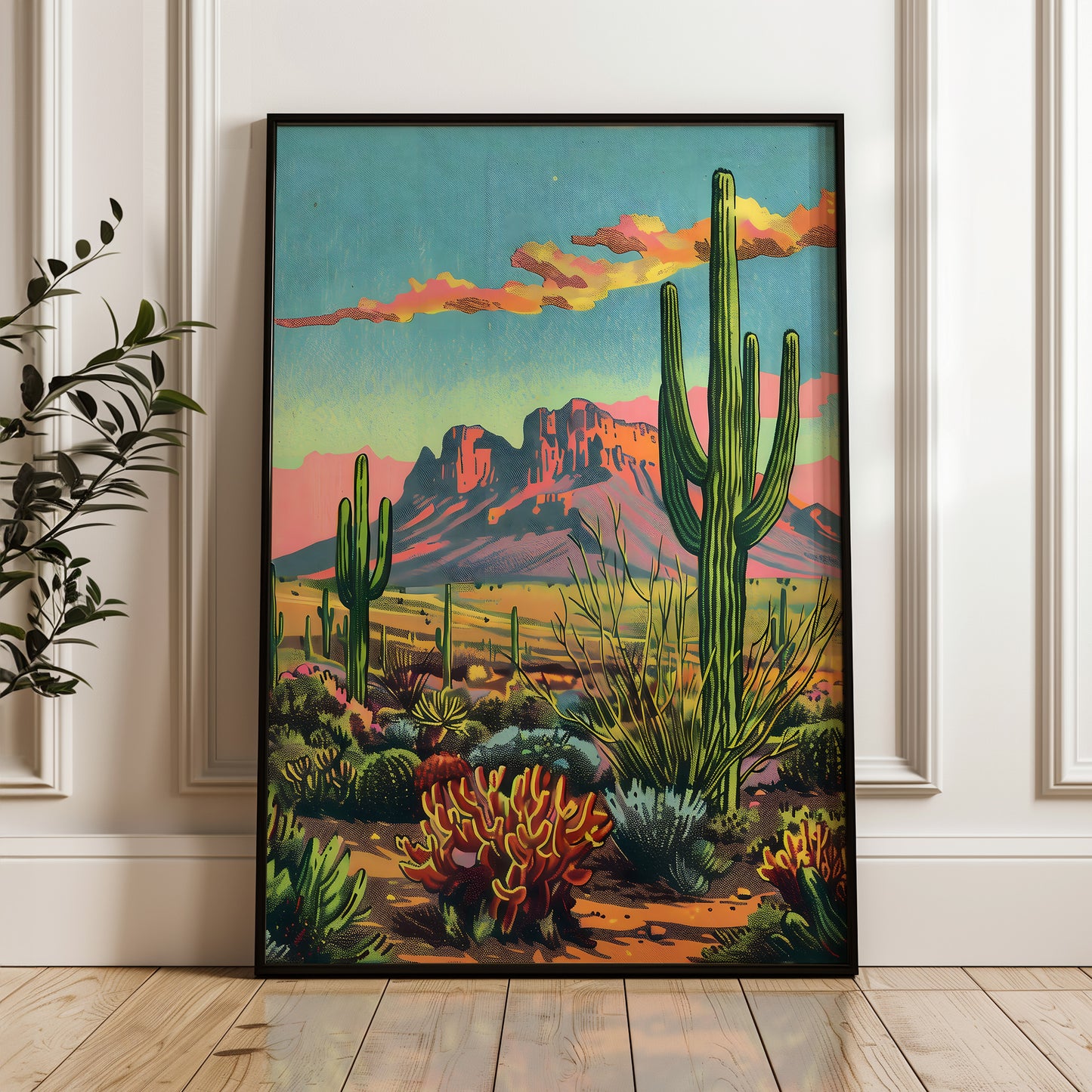 Vintage Postcard Style Desert Landscape Saguaro Art Print