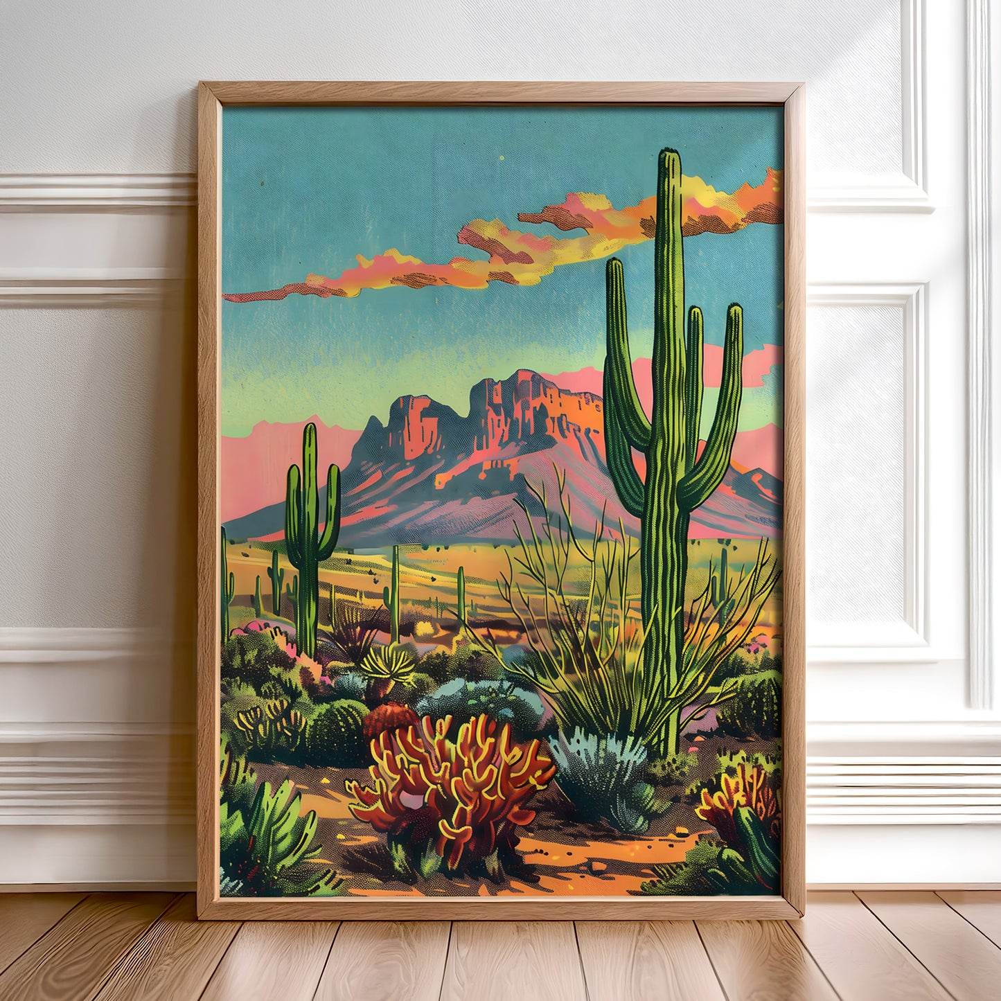 Vintage Postcard Style Desert Landscape Saguaro Art Print