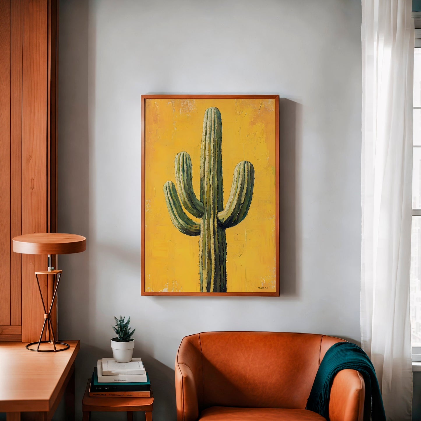 Saguaro Cactus Oil Painting Print Gold Background