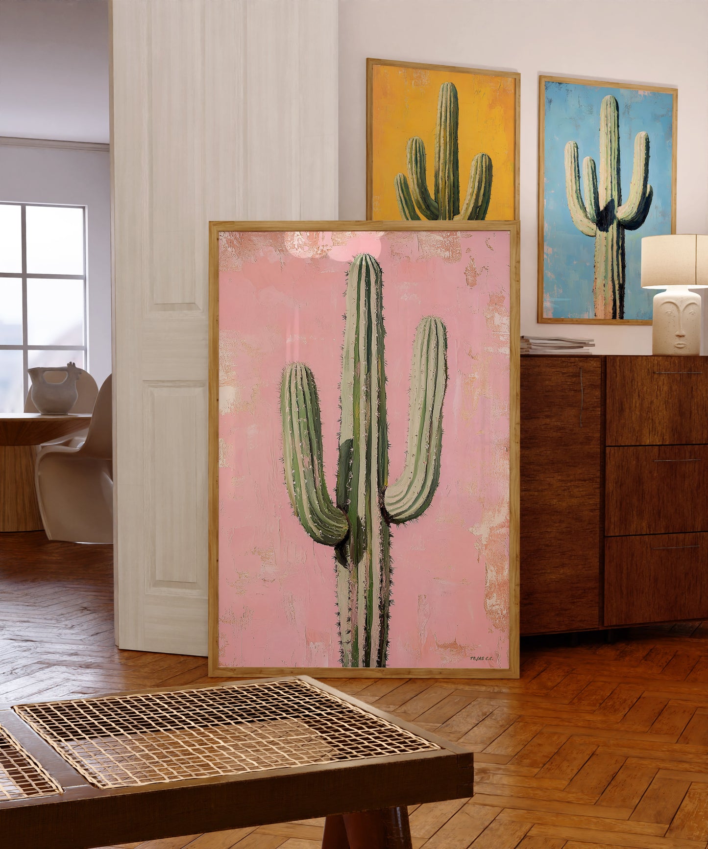 Saguaro Cactus Oil Painting Print Pink Background