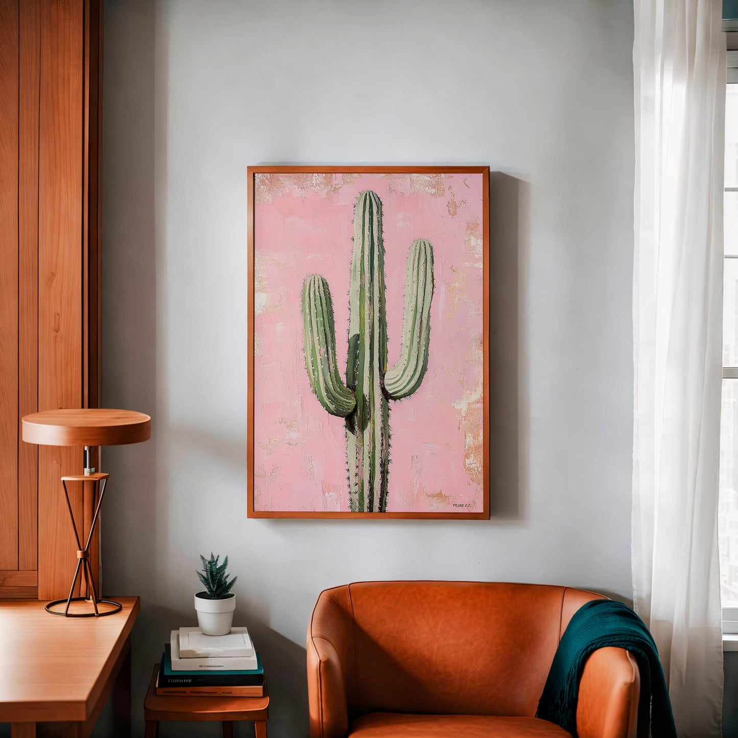Saguaro Cactus Oil Painting Print Pink Background