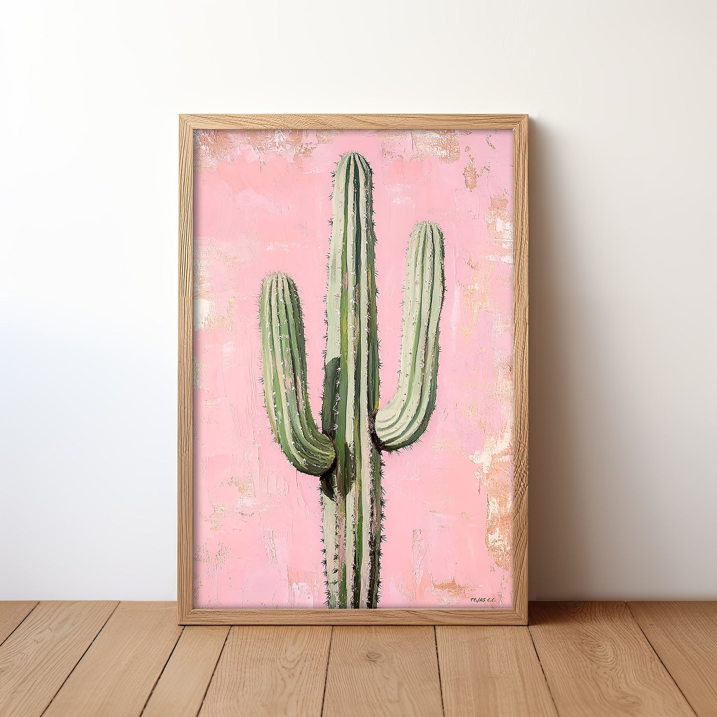 Saguaro Cactus Oil Painting Print Pink Background