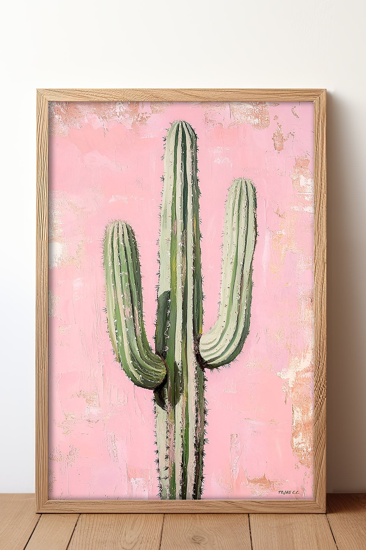 Saguaro Cactus Oil Painting Print Pink Background