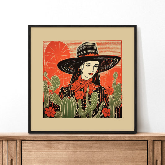 Desert Cowgirl Black Flat Brim Hat Linocut Style Art Print