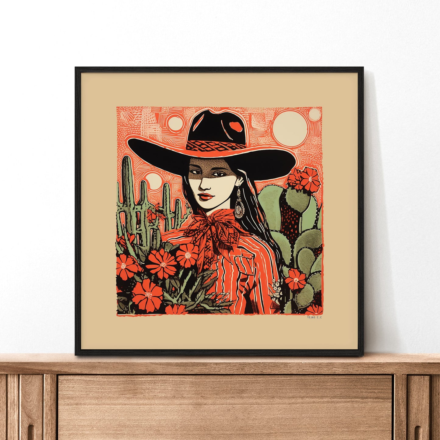 Desert Cowgirl Black Hat Red Band Linocut Style Art Print