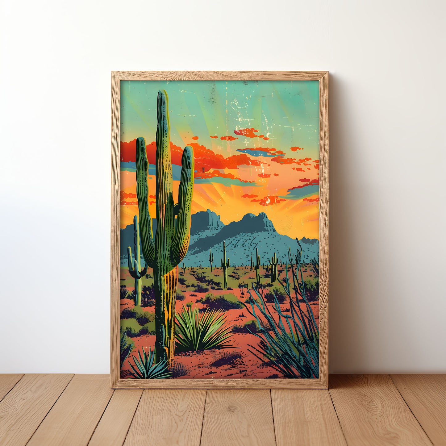 Vintage Postcard Style Colorful Desert Saguaro Art Poster Print