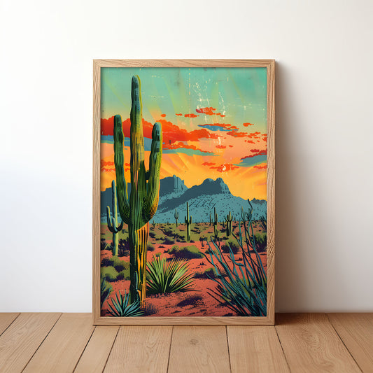 Vintage Postcard Style Colorful Desert Saguaro Art Poster Print