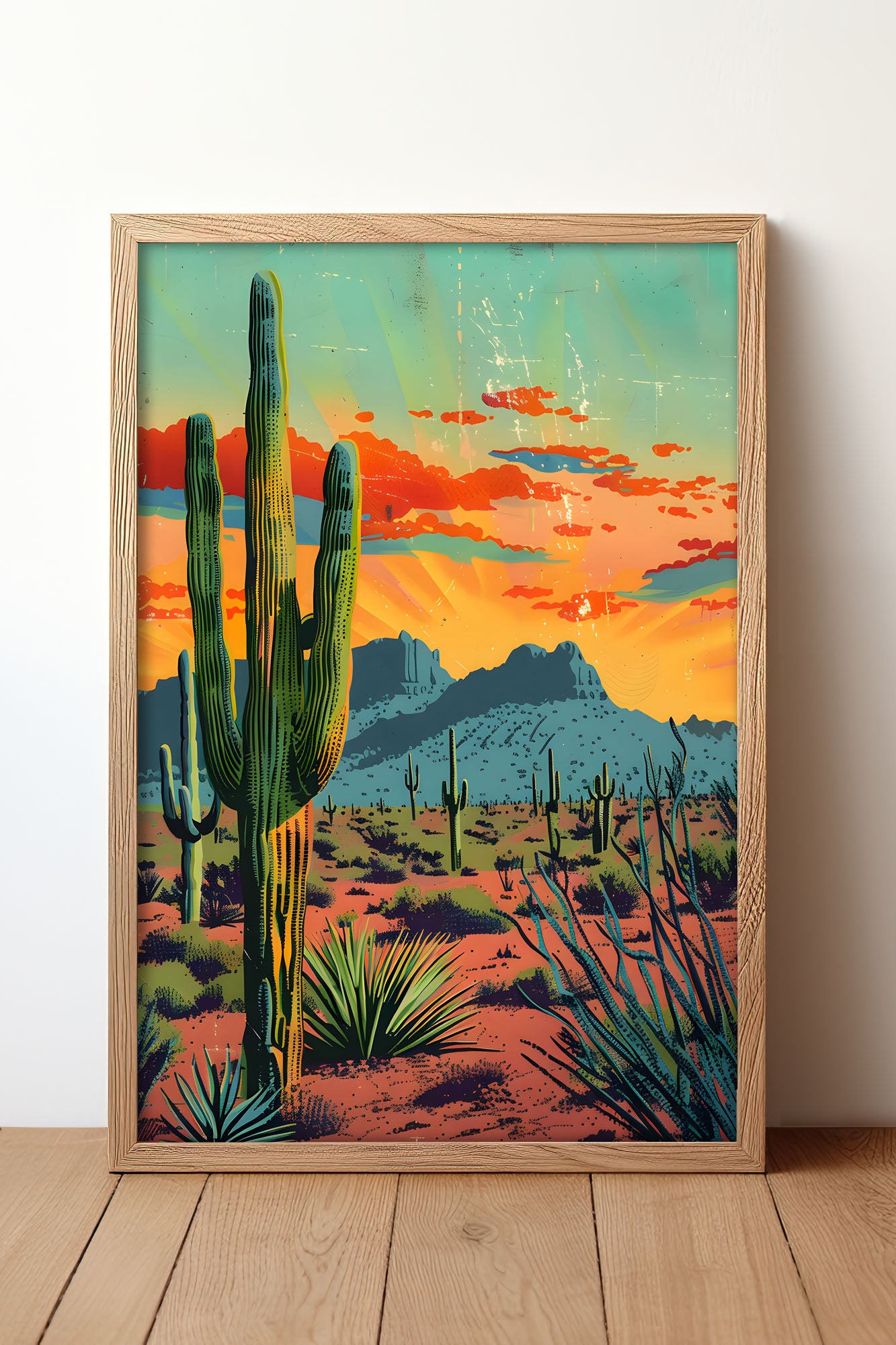 Vintage Postcard Style Colorful Desert Saguaro Art Poster Print