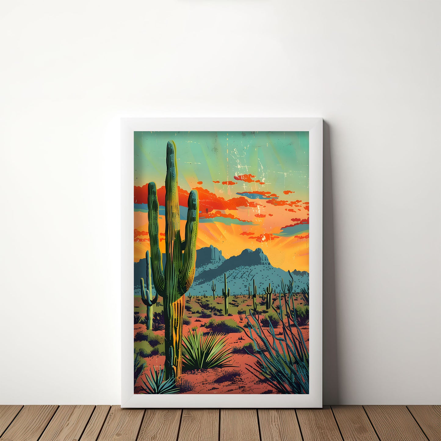 Vintage Postcard Style Colorful Desert Saguaro Art Poster Print