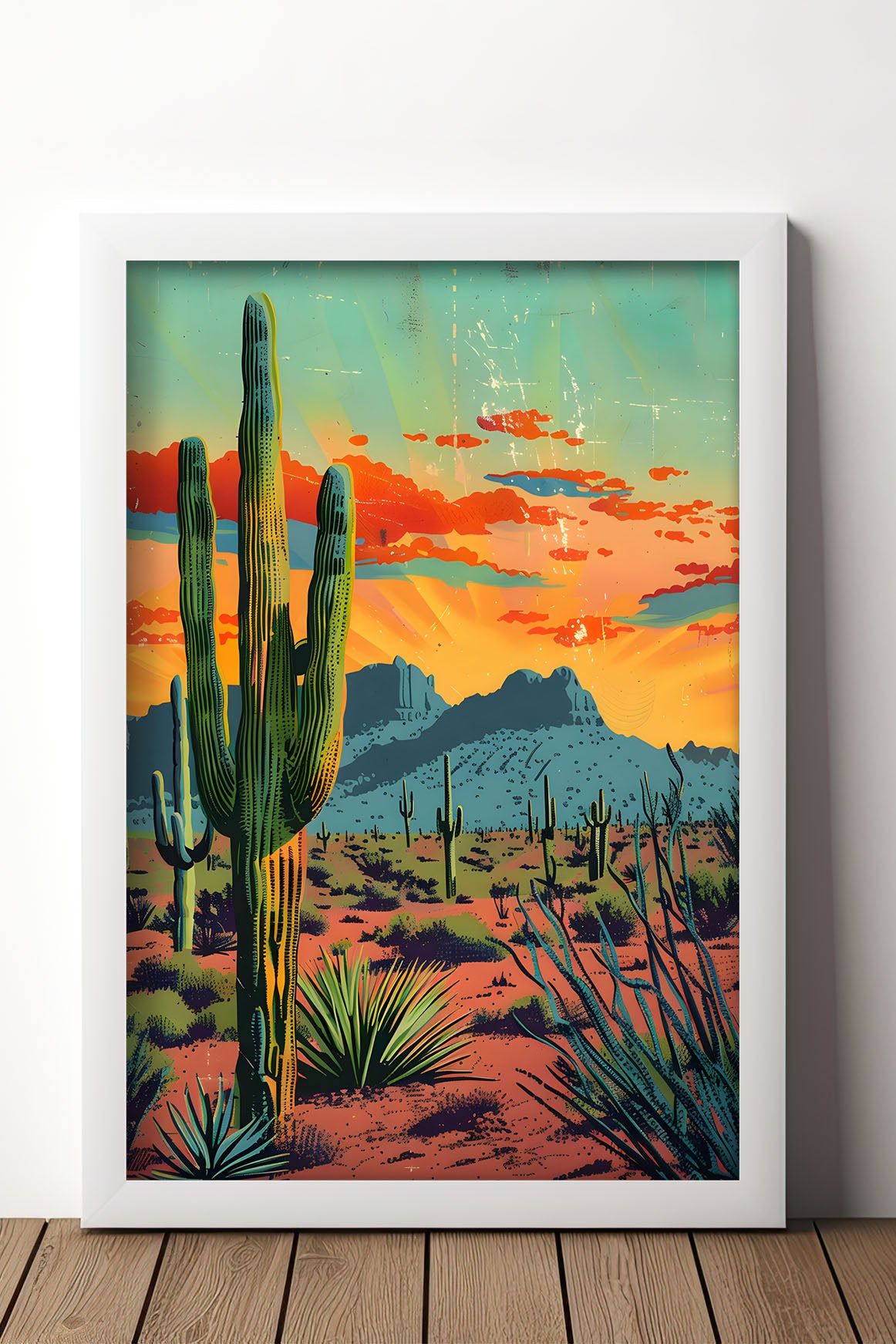 Vintage Postcard Style Colorful Desert Saguaro Art Poster Print