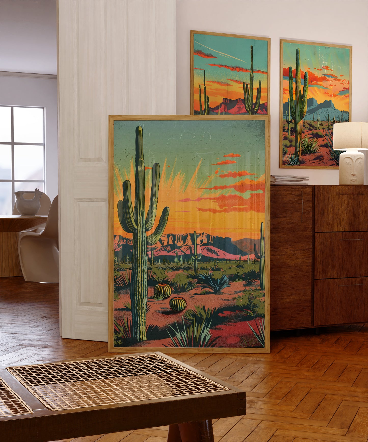 Vintage Postcard Colorful Desert Landscape Saguaro Art Print Cactus Sunburst Print