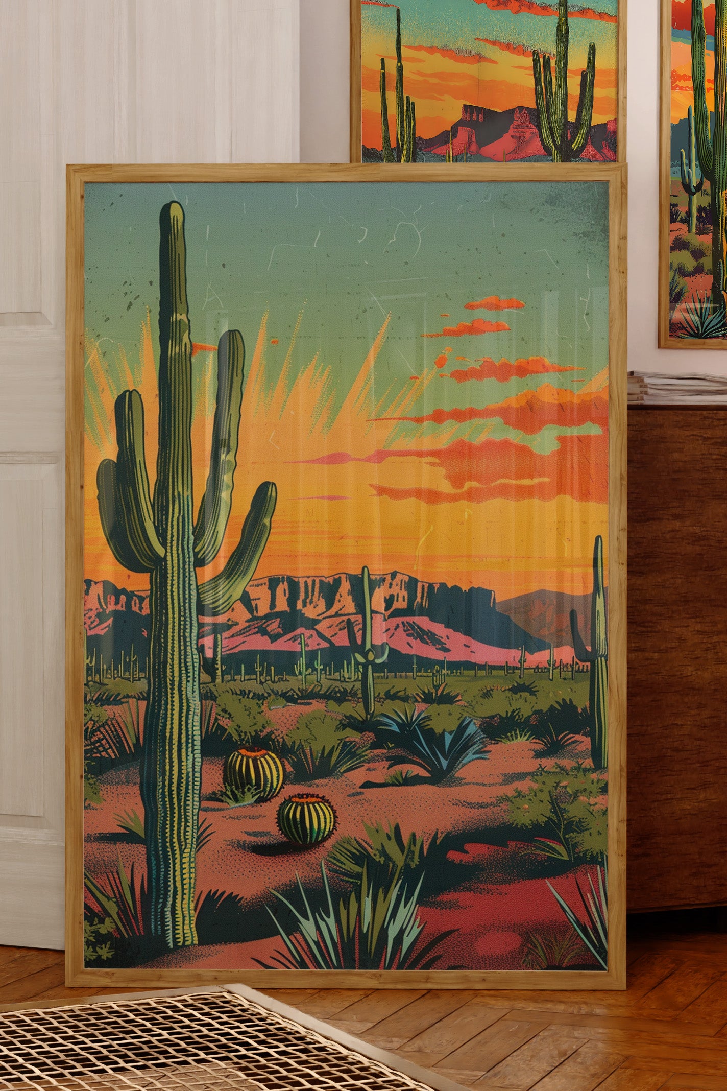 Vintage Postcard Colorful Desert Landscape Saguaro Art Print Cactus Sunburst Print