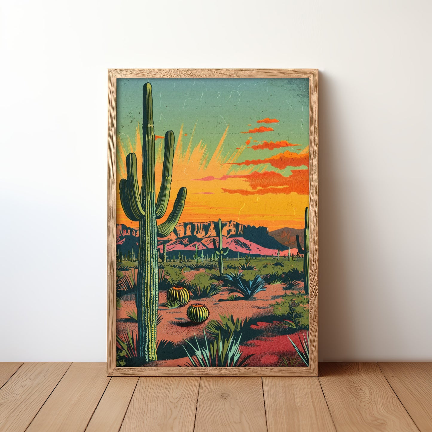Vintage Postcard Colorful Desert Landscape Saguaro Art Print Cactus Sunburst Print
