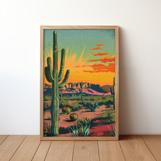 Vintage Postcard Colorful Desert Landscape Saguaro Art Print Cactus Sunburst Print