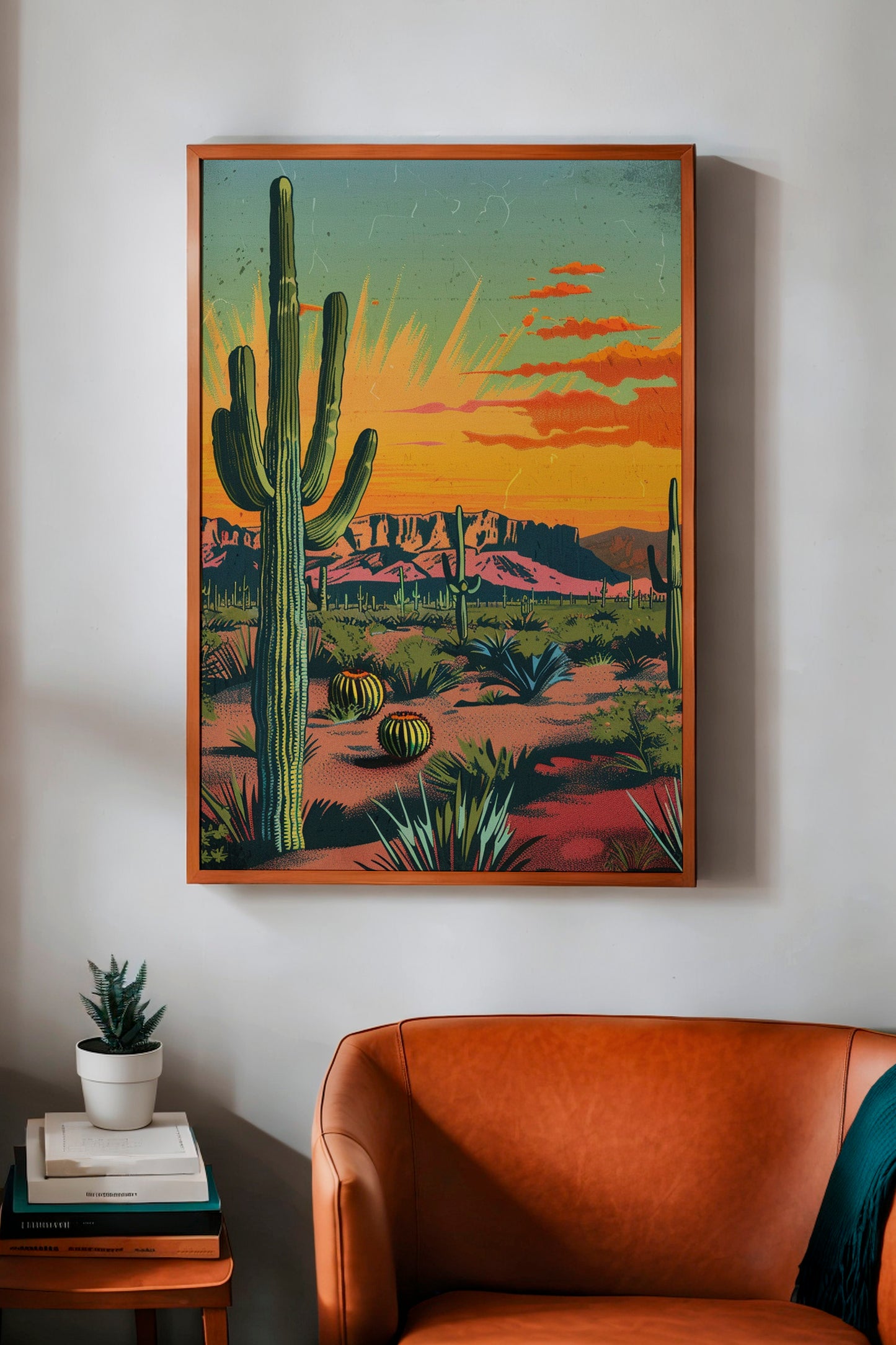 Vintage Postcard Colorful Desert Landscape Saguaro Art Print Cactus Sunburst Print