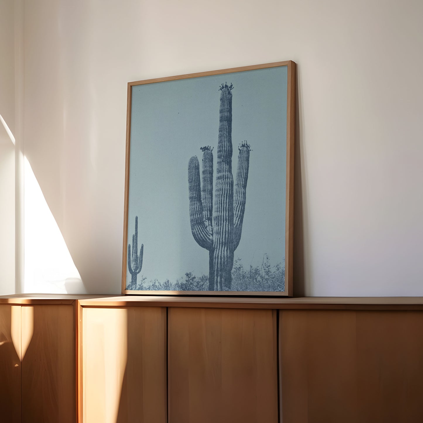 Vintage Monochromatic Desert Blue Saguaro Cactus Print
