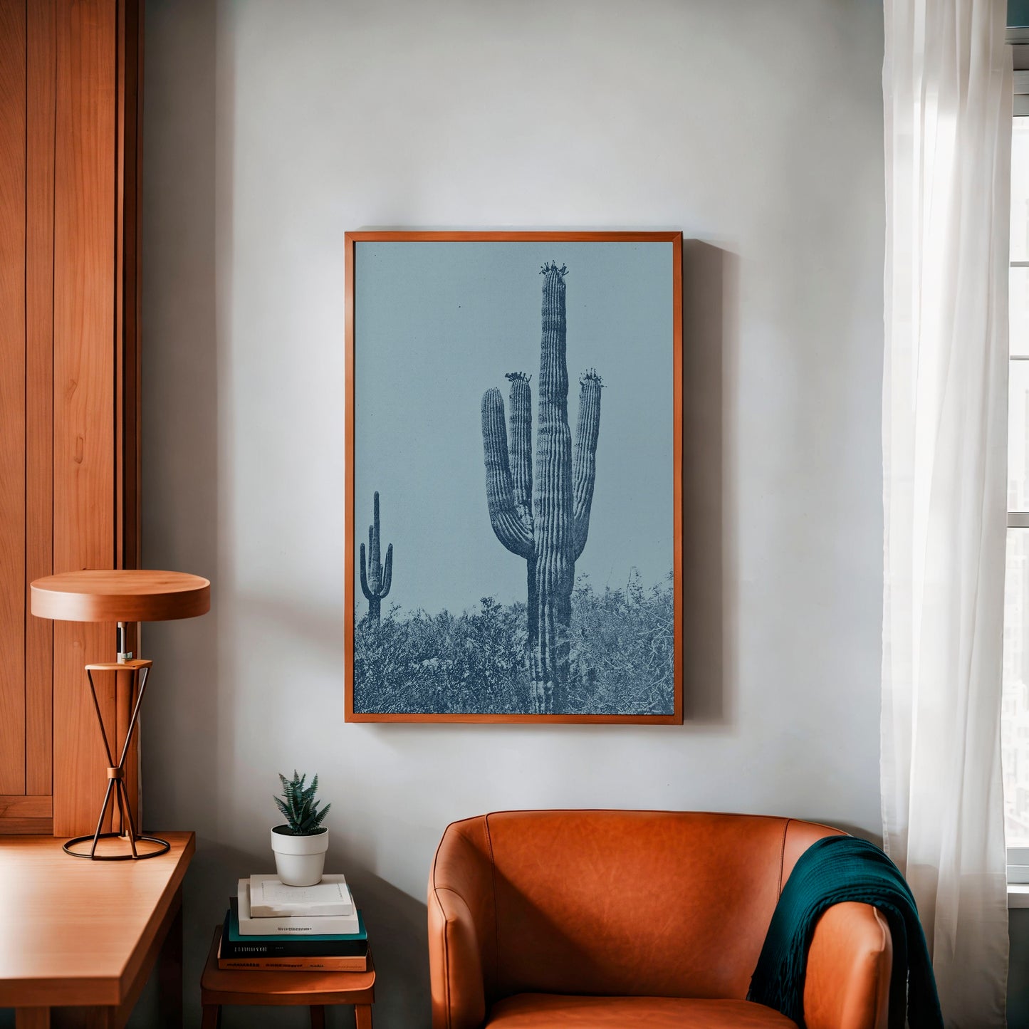 Vintage Monochromatic Desert Blue Saguaro Cactus Print