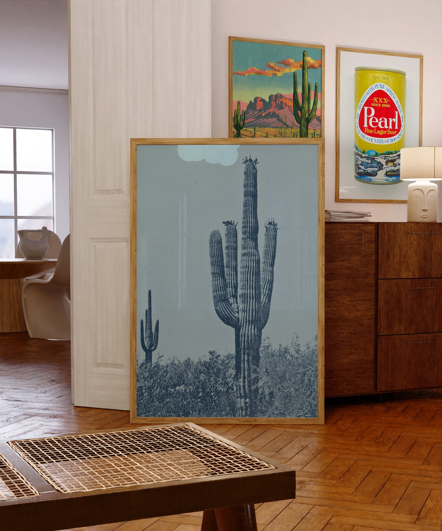 Vintage Monochromatic Desert Blue Saguaro Cactus Print