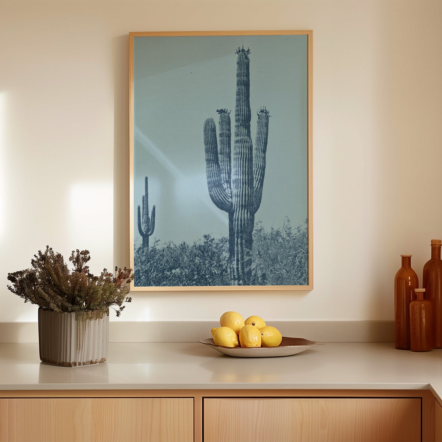 Vintage Monochromatic Desert Blue Saguaro Cactus Print