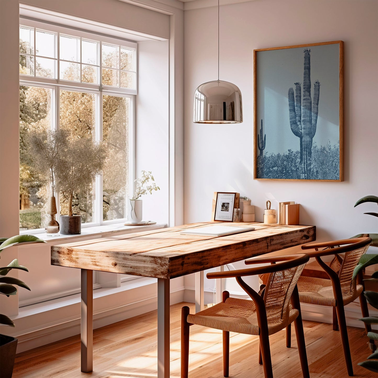 Vintage Monochromatic Desert Blue Saguaro Cactus Print