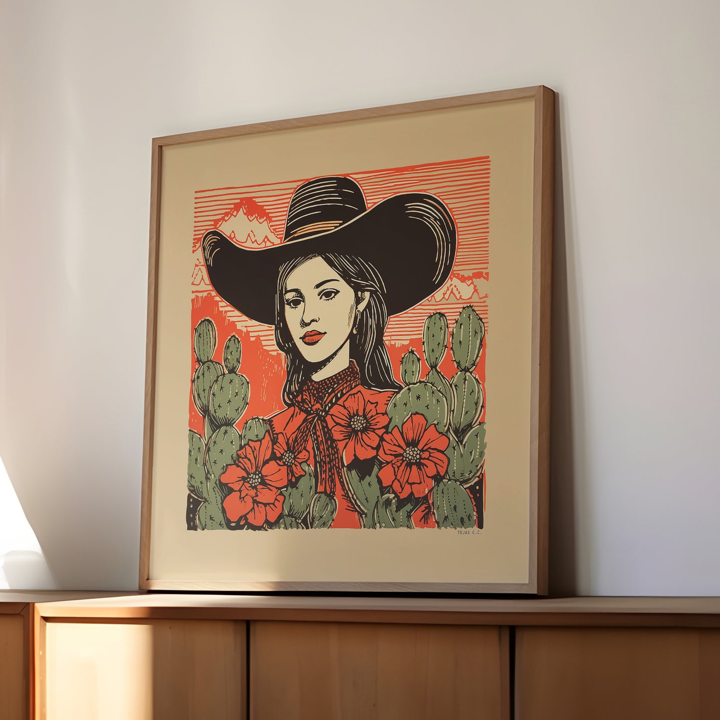Desert Cowgirl Black Large Cowboy Hat Linocut Style Art Print