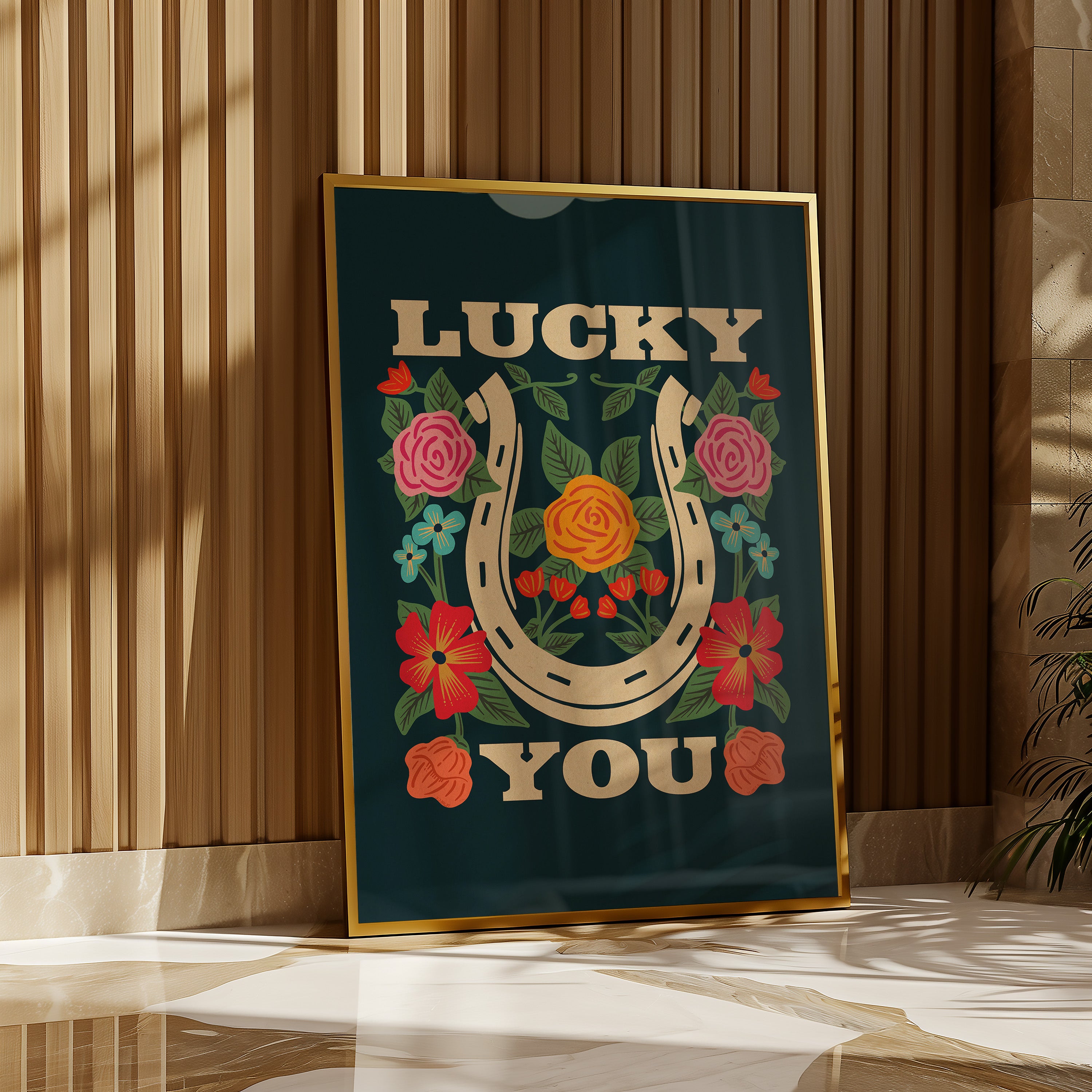Lucky You Floral Horseshoe Art Print - Navy - Tejas Country Club