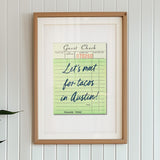Let's Meet For Tacos In Austin Guest Check Art Print - Tejas Country Club