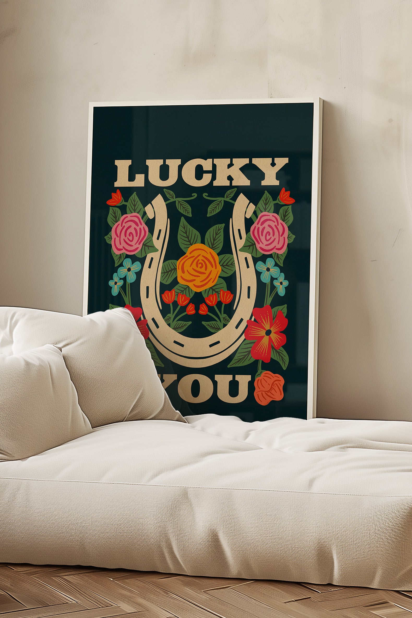 Lucky You Floral Horseshoe Art Print - Navy - Tejas Country Club