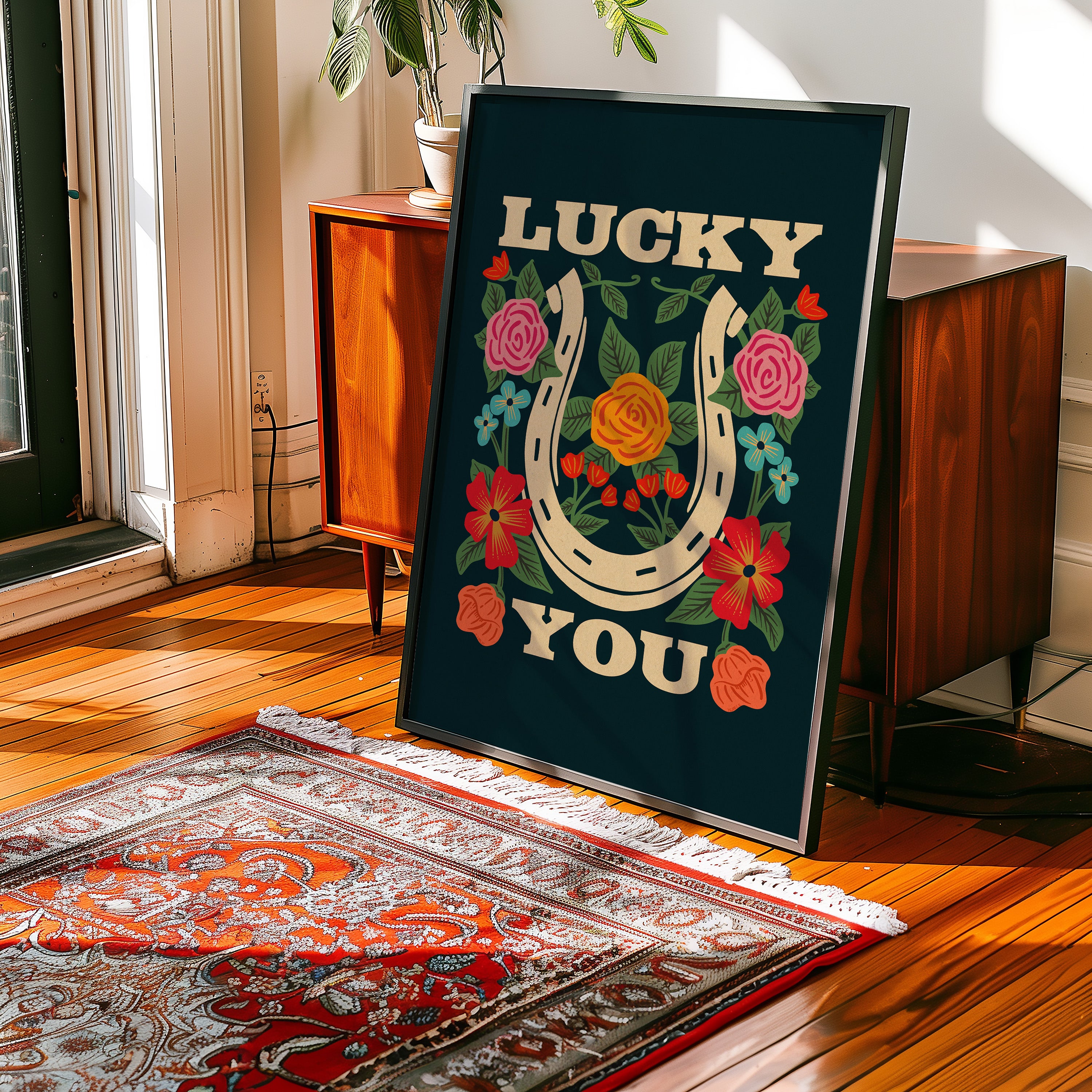 Lucky You Floral Horseshoe Art Print - Navy - Tejas Country Club