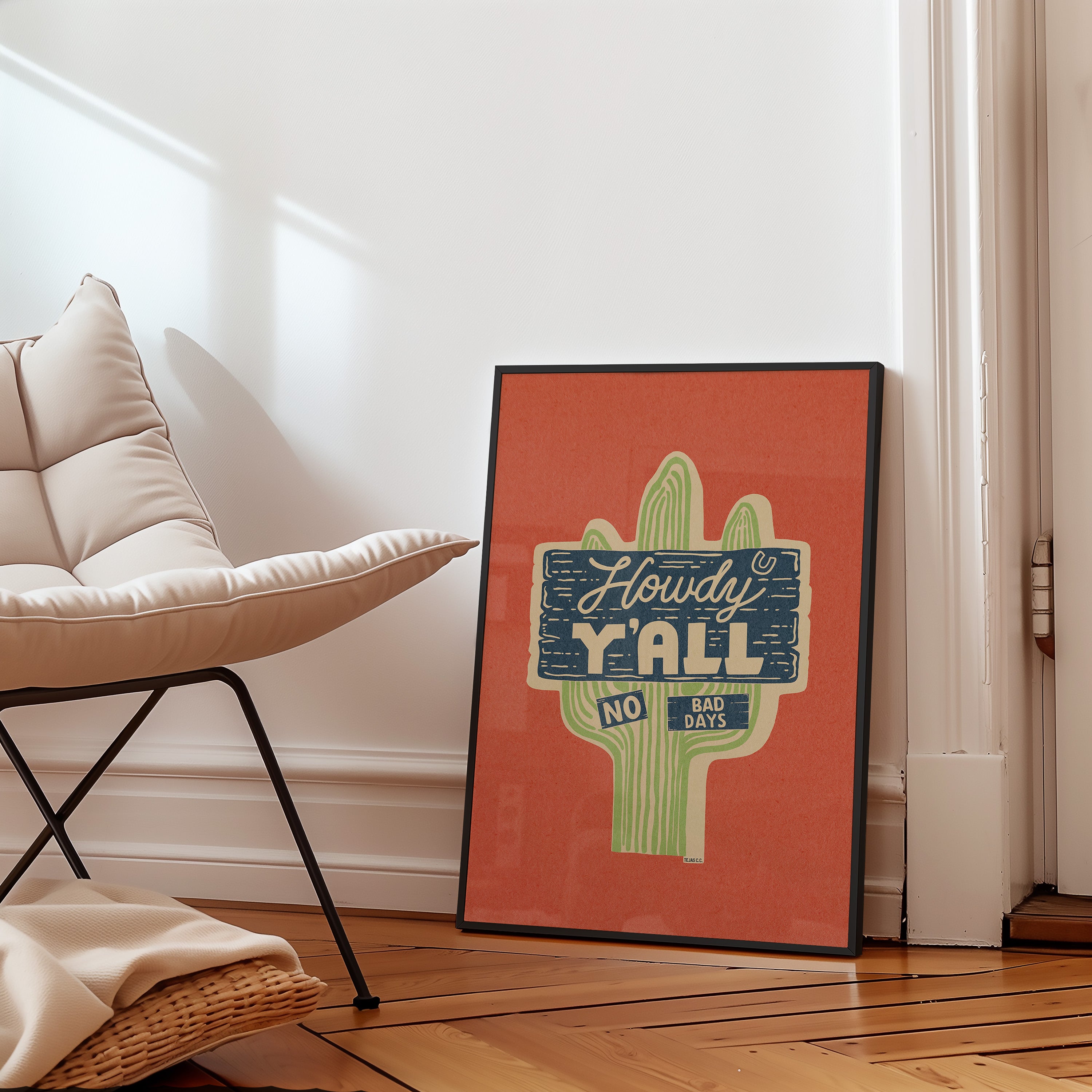 Howdy Y'all No Bad Days Vintage Cactus Sign Art Print - Tejas Country Club