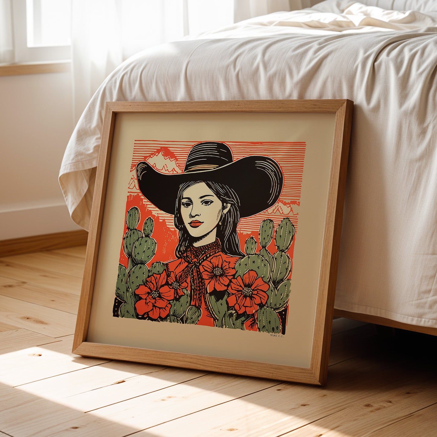 Desert Cowgirl Black Large Cowboy Hat Linocut Style Art Print - Tejas Country Club