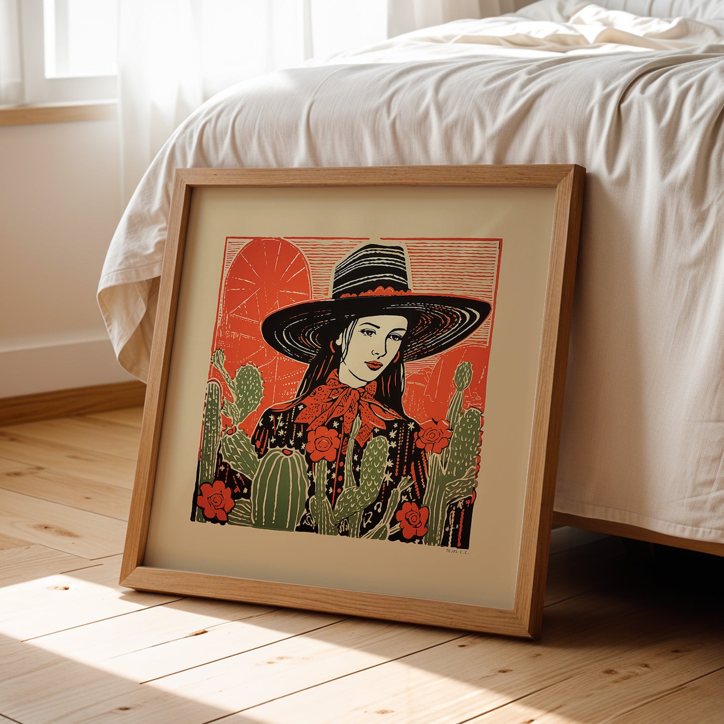 Desert Cowgirl Black Flat Brim Hat Linocut Style Art Print