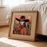 Desert Cowgirl Black Hat Red Band Linocut Style Art Print - Tejas Country Club