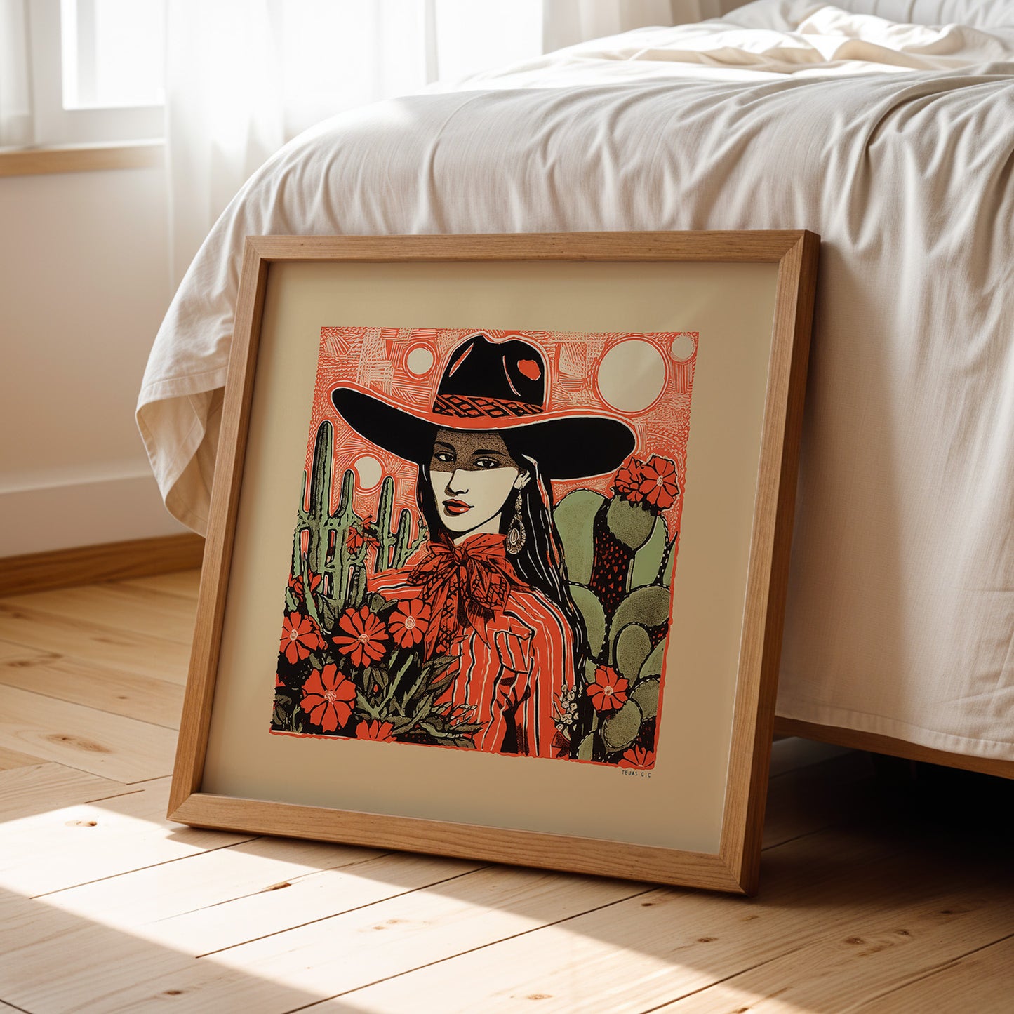 Desert Cowgirl Black Hat Red Band Linocut Style Art Print