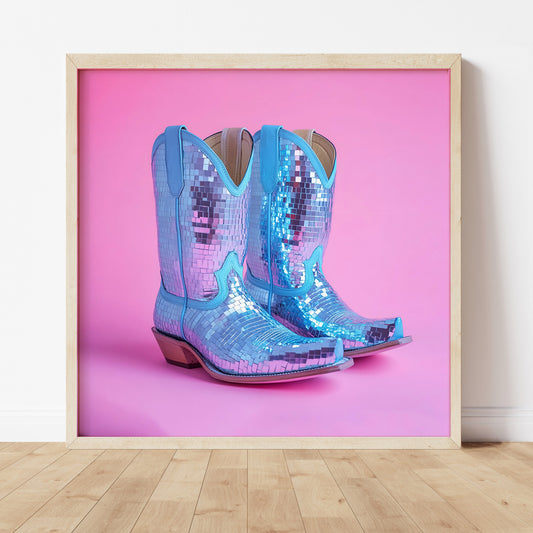 Disco Ball Blue Cowboy Boot Print