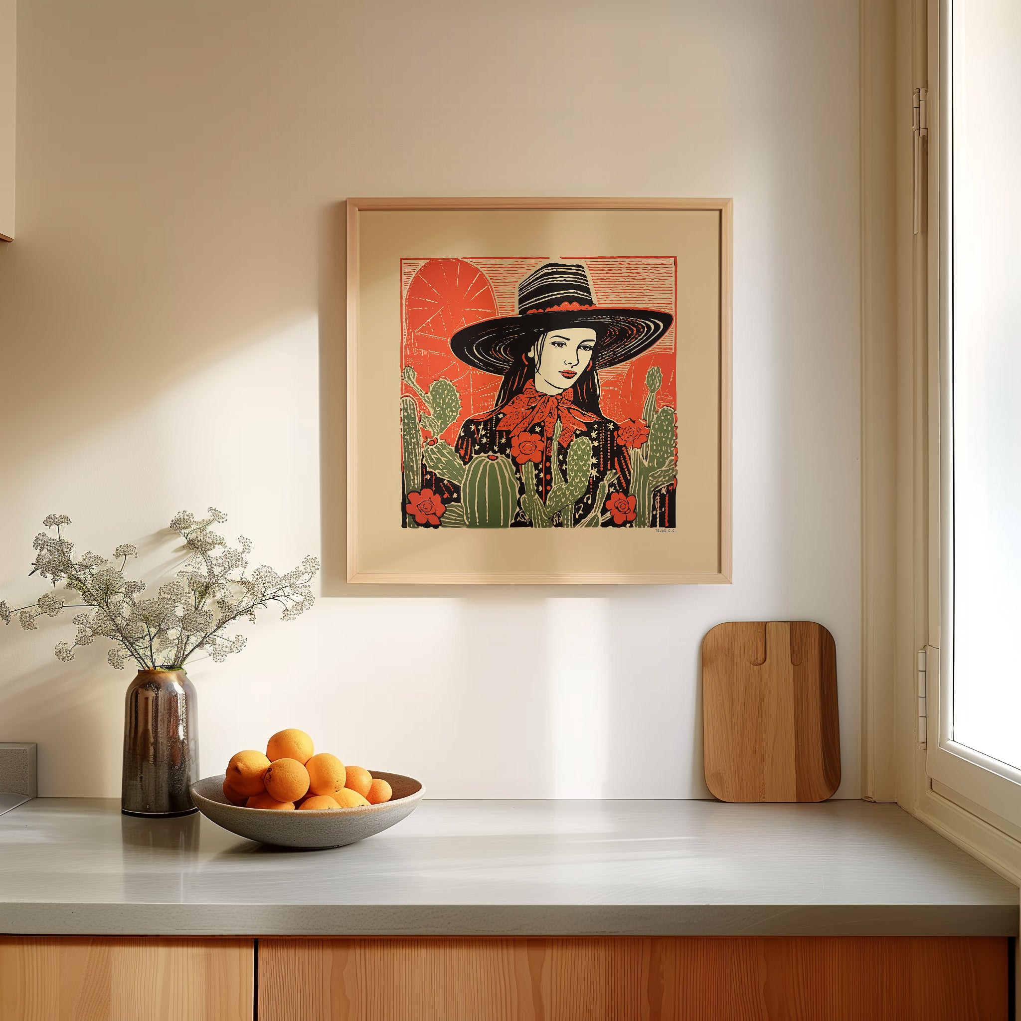 Desert Cowgirl Black Flat Brim Hat Linocut Style Art Print - Tejas Country Club