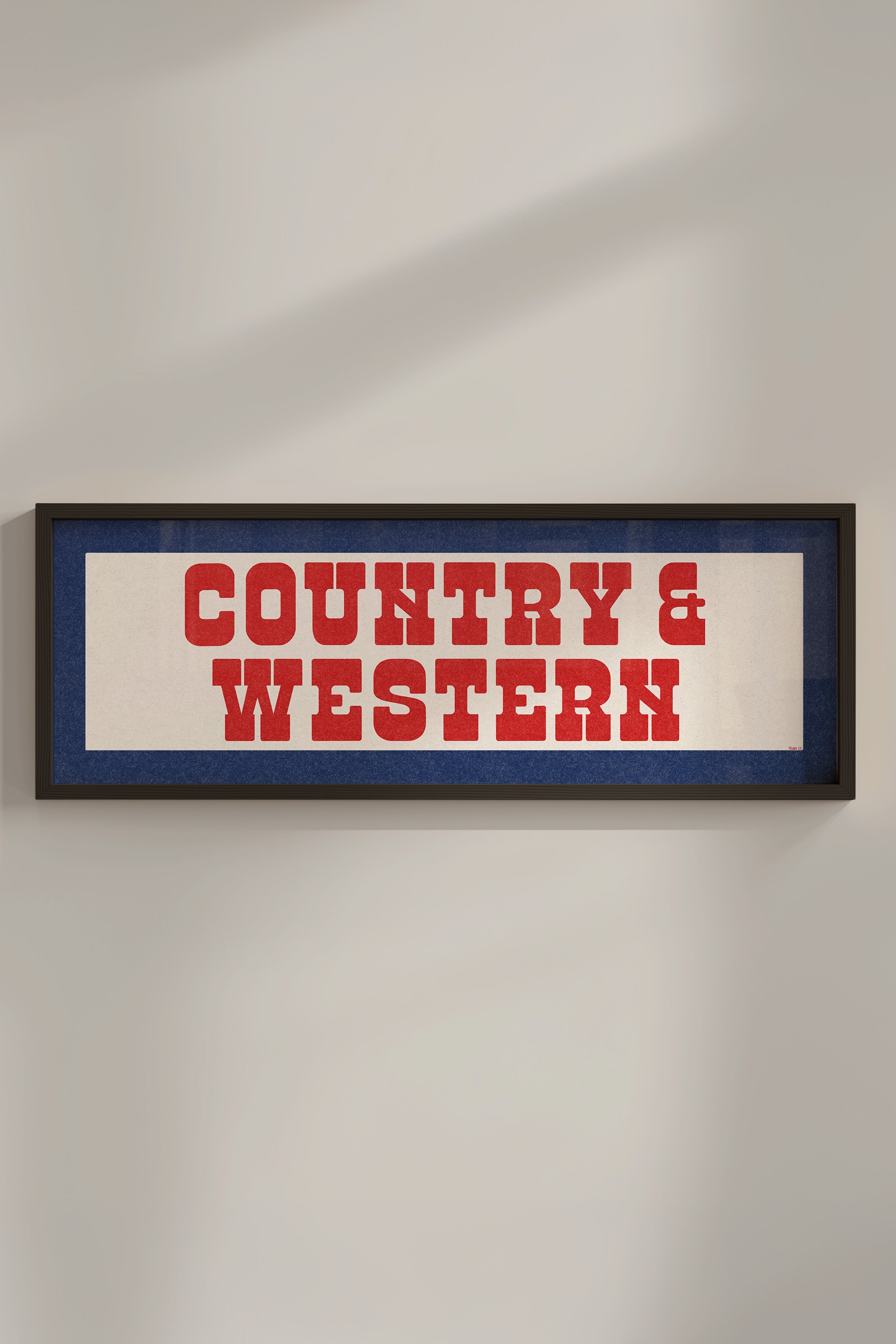 Framed COUNTRY & WESTERN Sign White & Red / Blue Art Print - Tejas Country Club