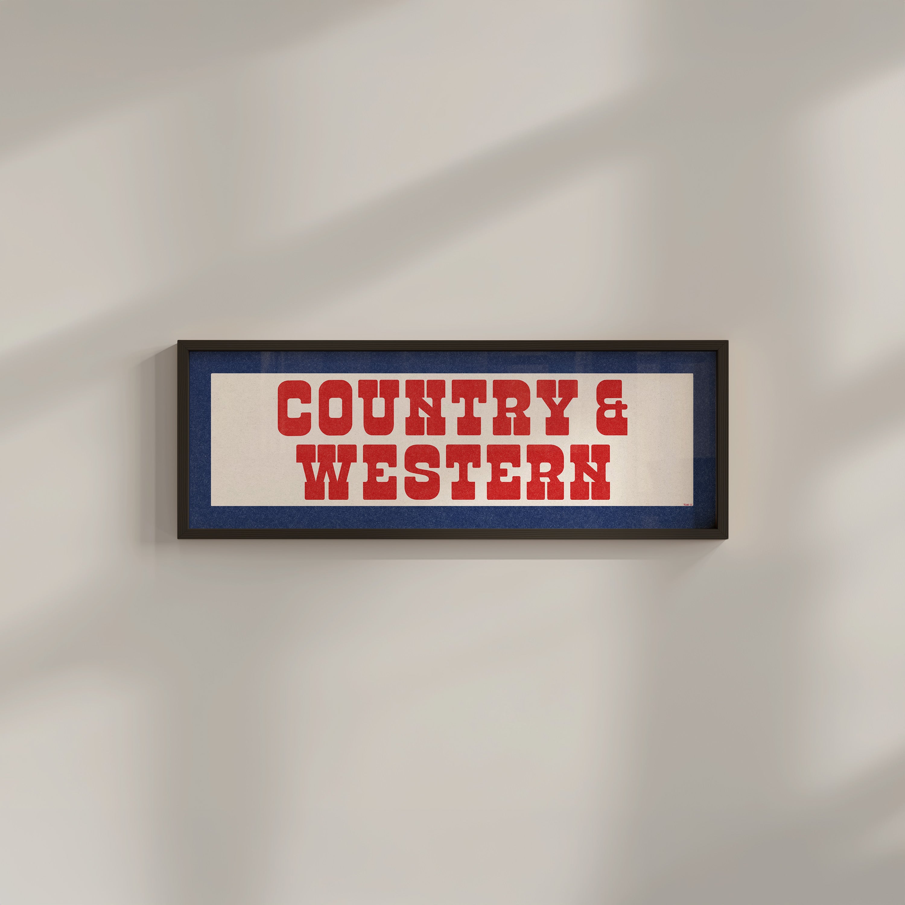 Framed COUNTRY & WESTERN Sign White & Red / Blue Art Print (FRAMED) - Tejas Country Club