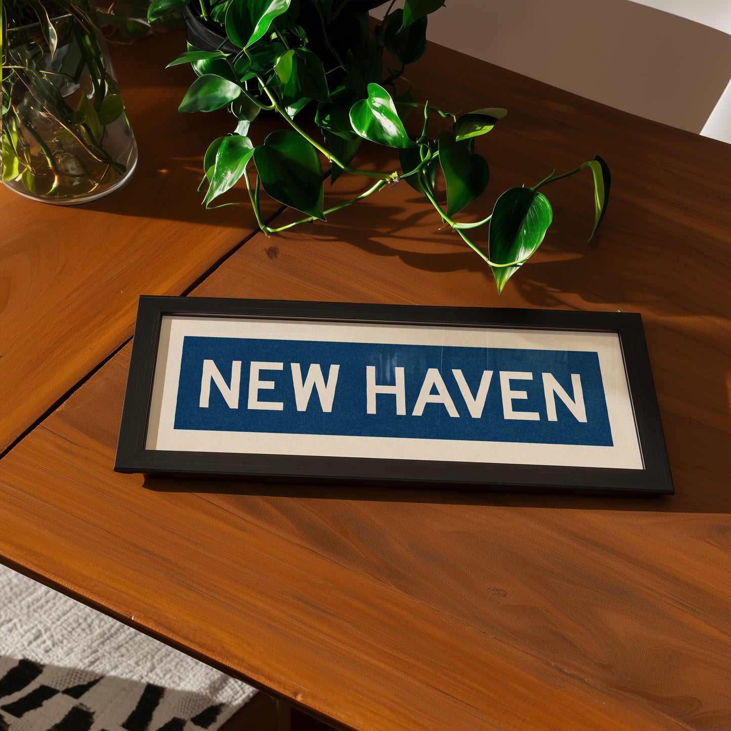 Framed New Haven Blue and White Bus Scroll