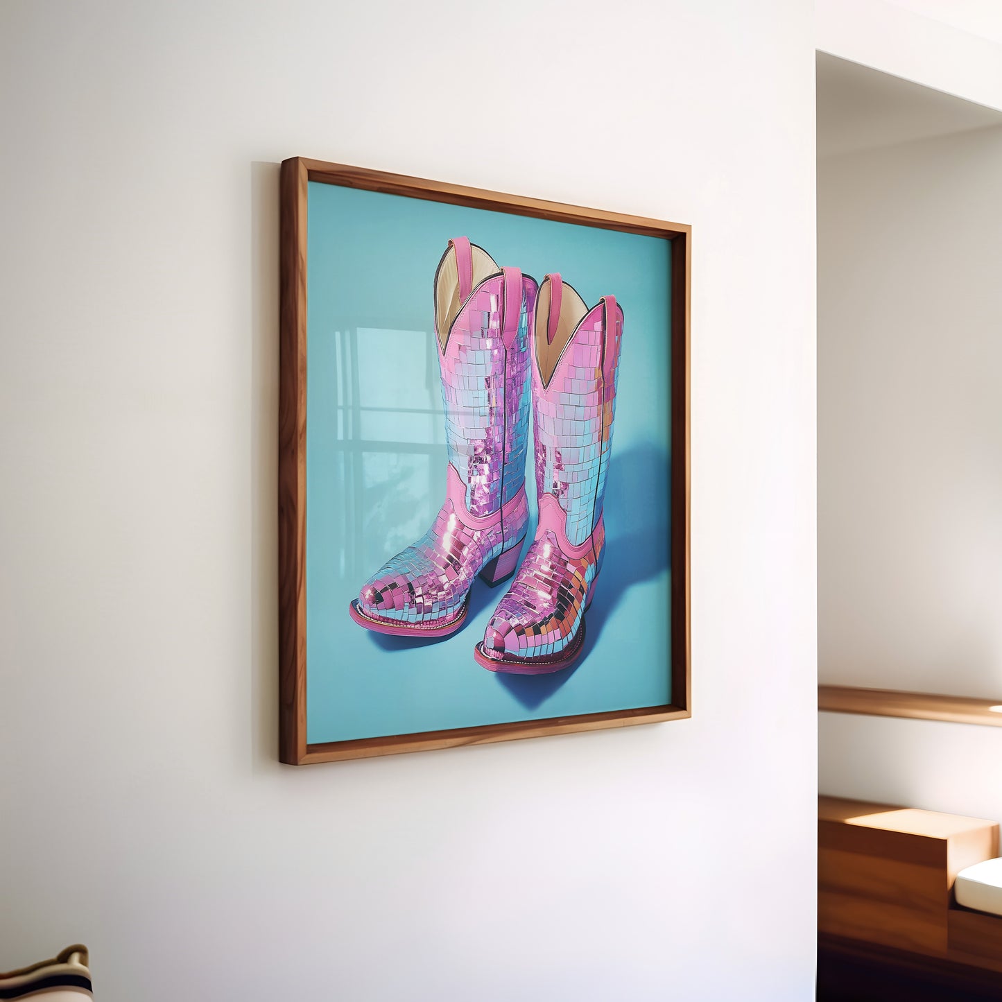 Disco Ball Pink Cowboy Boots Art Print