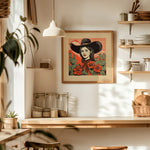 Desert Cowgirl Black Large Cowboy Hat Linocut Style Art Print - Tejas Country Club