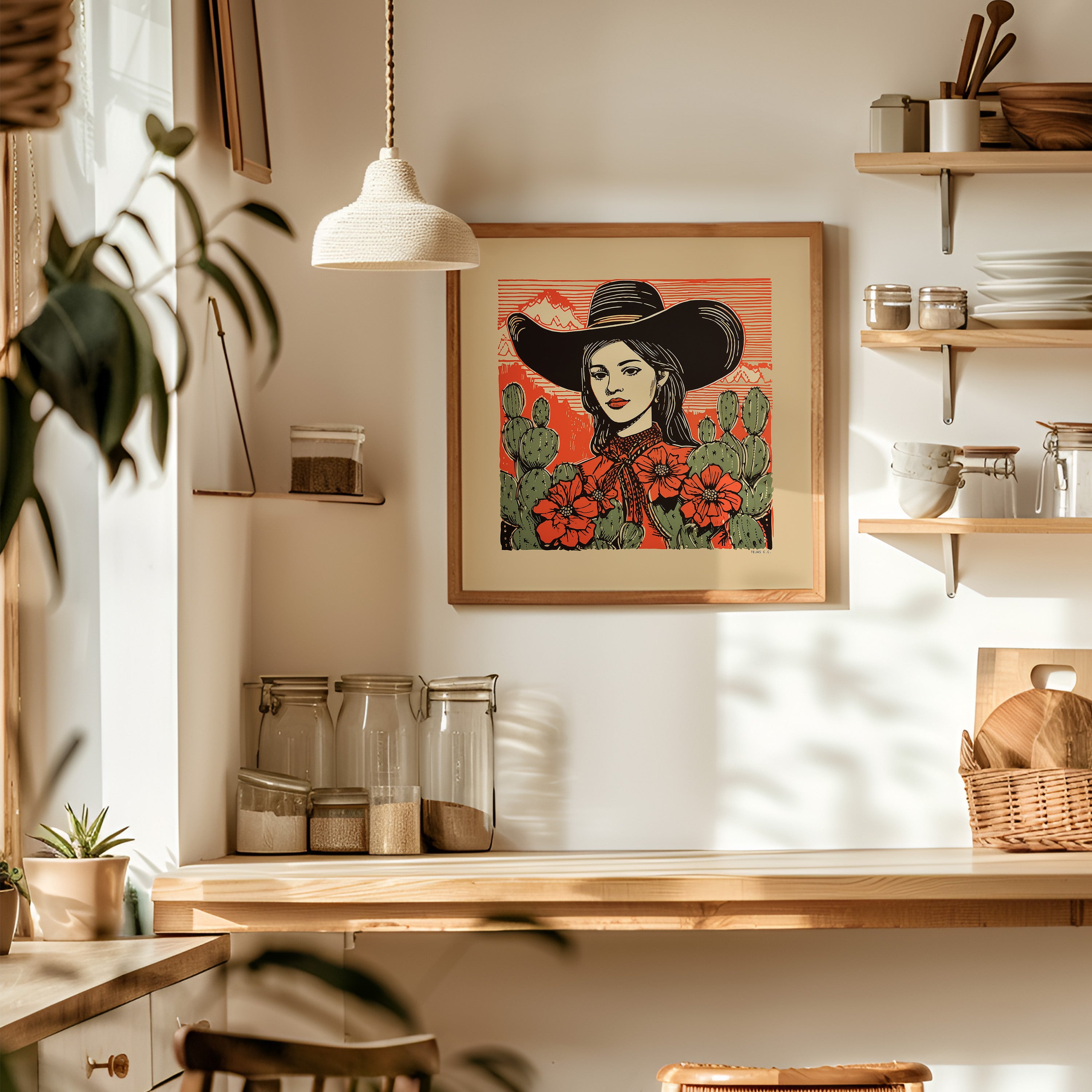 Desert Cowgirl Black Large Cowboy Hat Linocut Style Art Print - Tejas Country Club