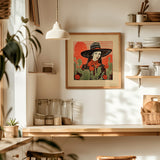 Desert Cowgirl Black Flat Brim Hat Linocut Style Art Print - Tejas Country Club